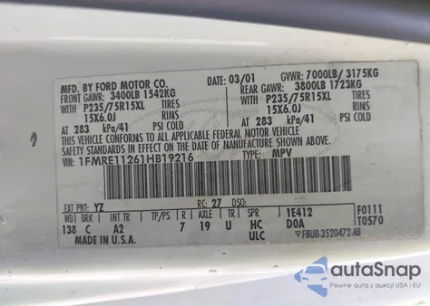 2001 Ford Econoline Xl/Xlt из США, поврежденный, VIN 1FMRE11261HB19216